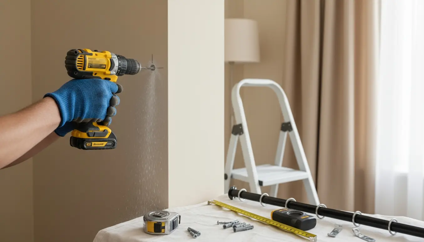 Hænder bruger en boremaskine til at bore huller i væggen til lampebeslag og gardinstang i et lyst rum.