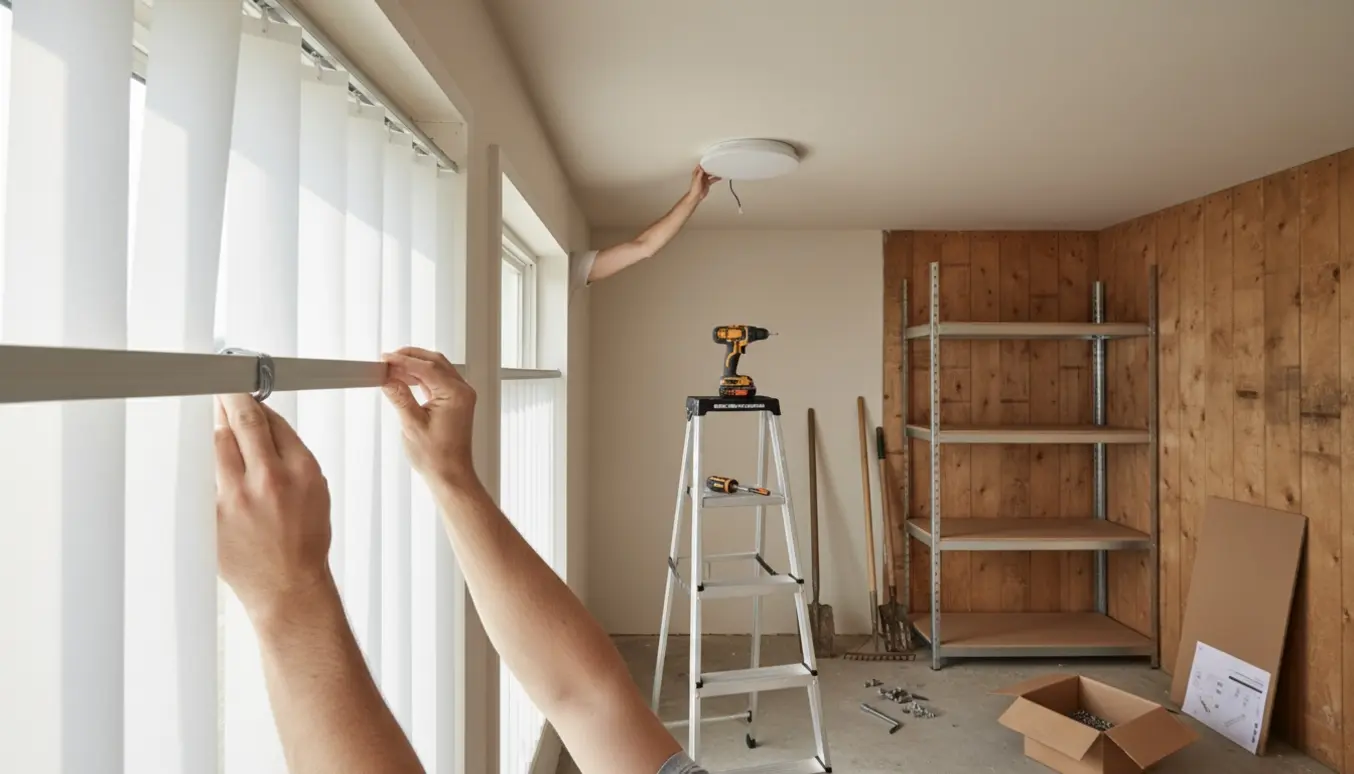 Hænder monterer lamelgardiner ved et vindue, mens loftslamper installeres og en billig reol samles til skuret.