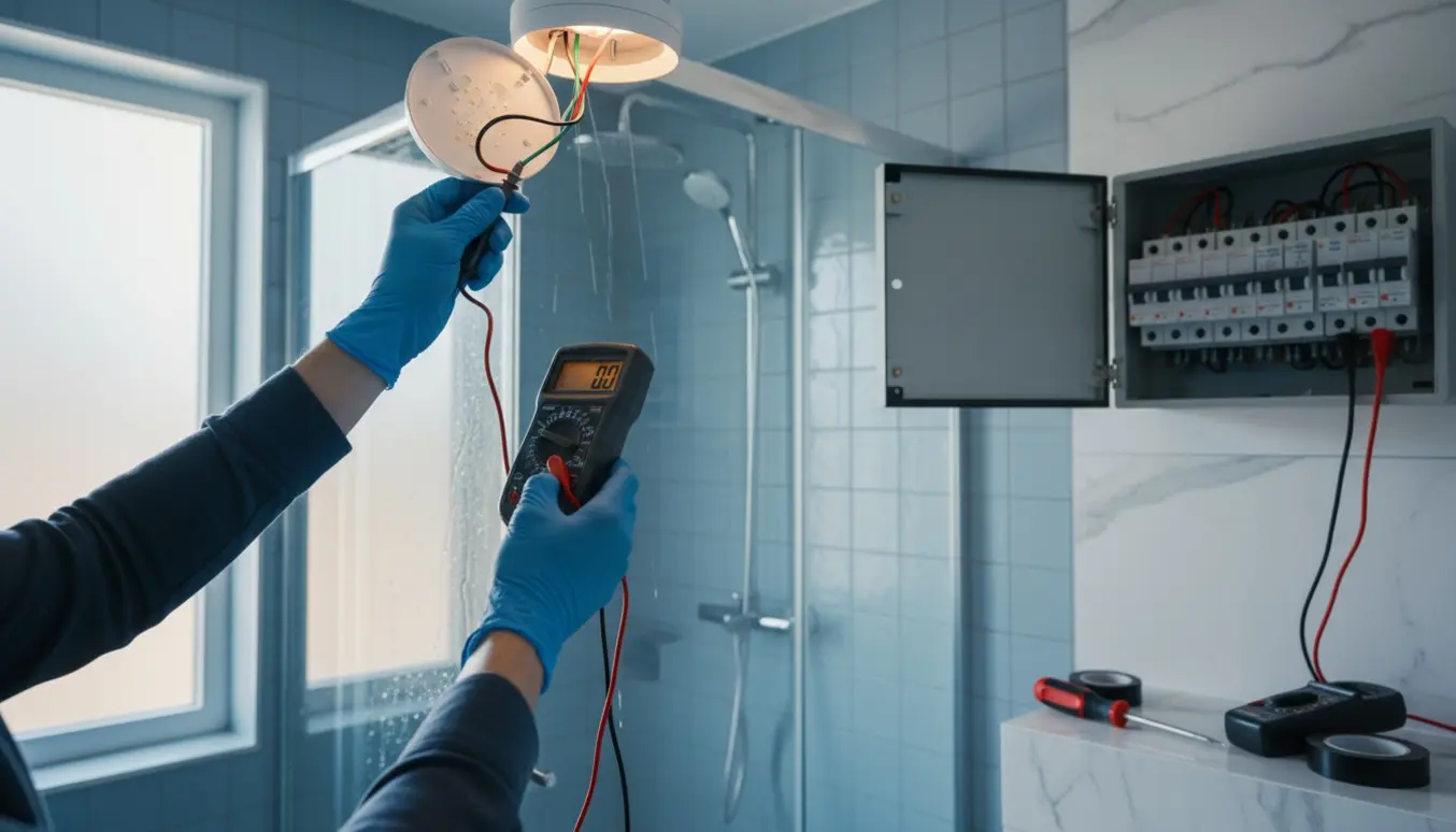 Hænder i isolerede handsker tester en lysinstallation i et badeværelse med en åben tavle og løbende bruser.