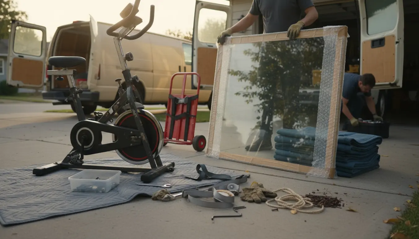 Motionscykel og afmonteret glasbord pakket og klar til bortskaffelse på indkørsel.