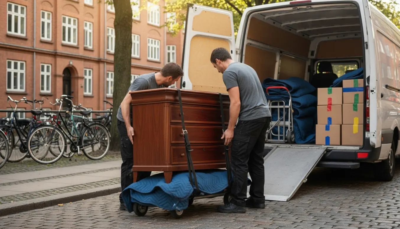 Flyttefolk laster en beskyttet kommode ind i en flyttevogn på en rolig københavnsk gade.