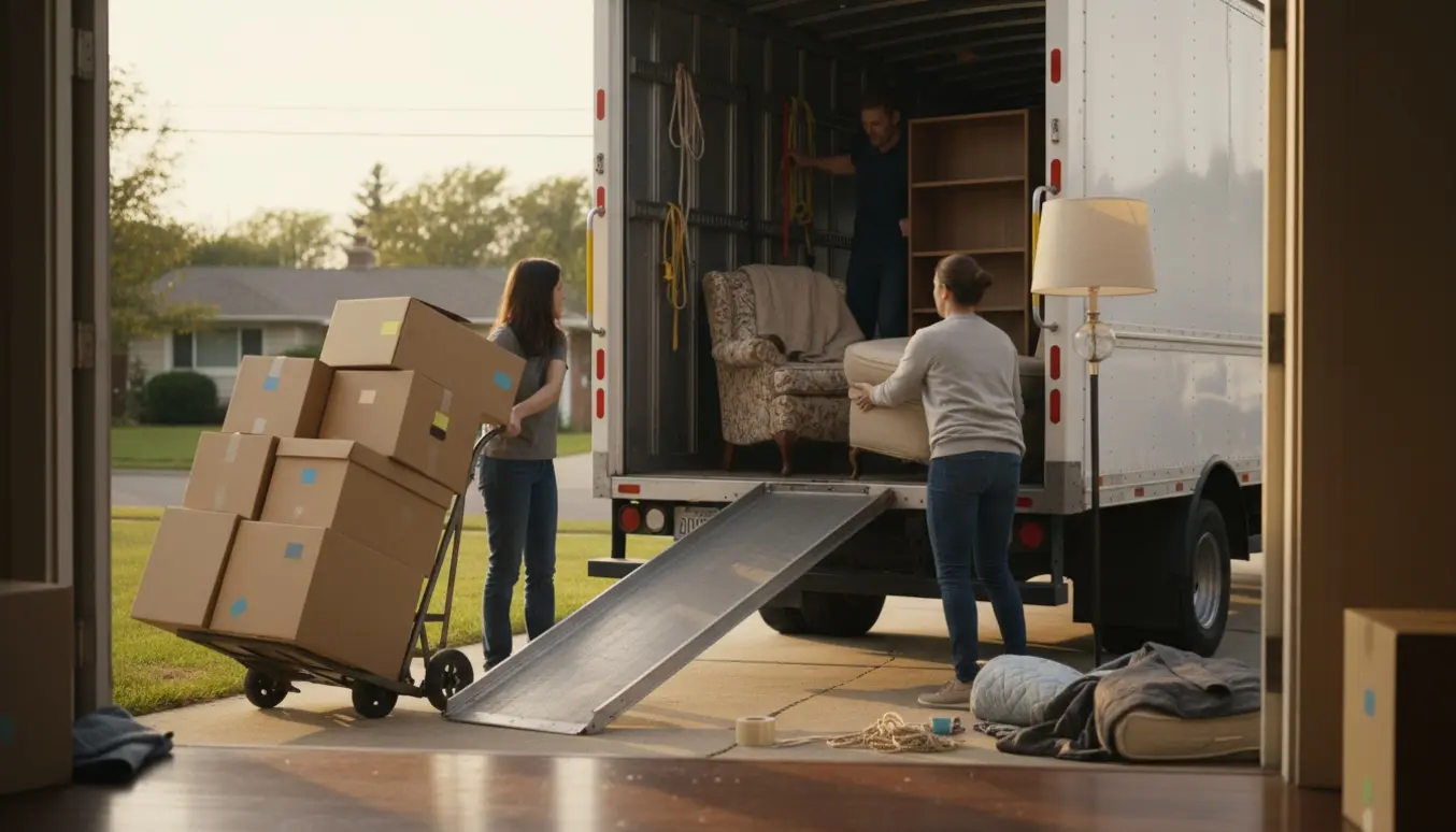 Tre personer fylder og tømmer en åben flyttebil på indkørslen med flyttekasser, møbler og flytteudstyr.