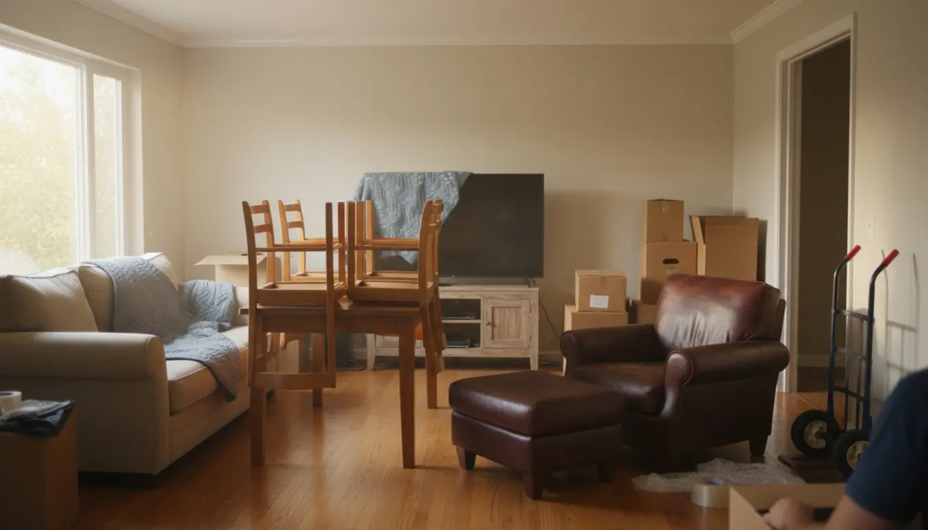 Flytning i stue med sofa, spisebord, læderstol og skammel samt tv og flyttekasser klar til transport.