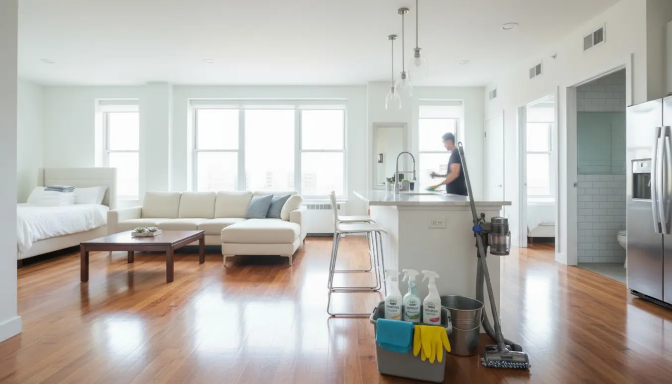 Ren, lys lejlighed med rengøringsudstyr i forgrunden og åbne døre til stue, køkken, badeværelse og to værelser.