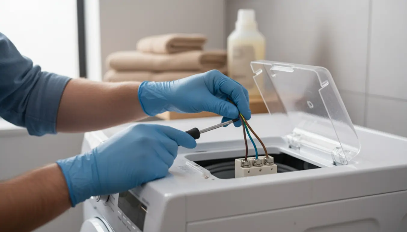 Hænder tilslutter tre ledninger i vaskemaskinens lampeudtagsstik med en skruetrækker.