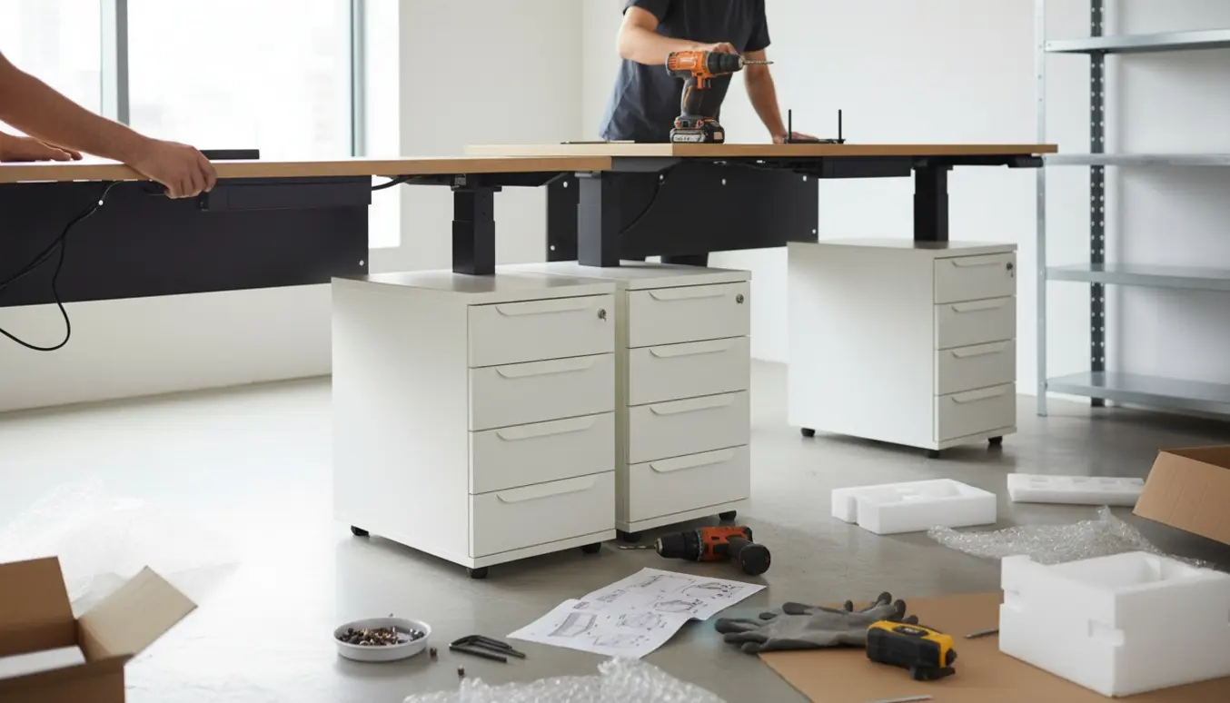 Nærbillede af samling af kontormøbler med to elektriske hævesænkeborde, tre hvide skuffeelementer og en delvist samlet lagerreol i et lyst rum.