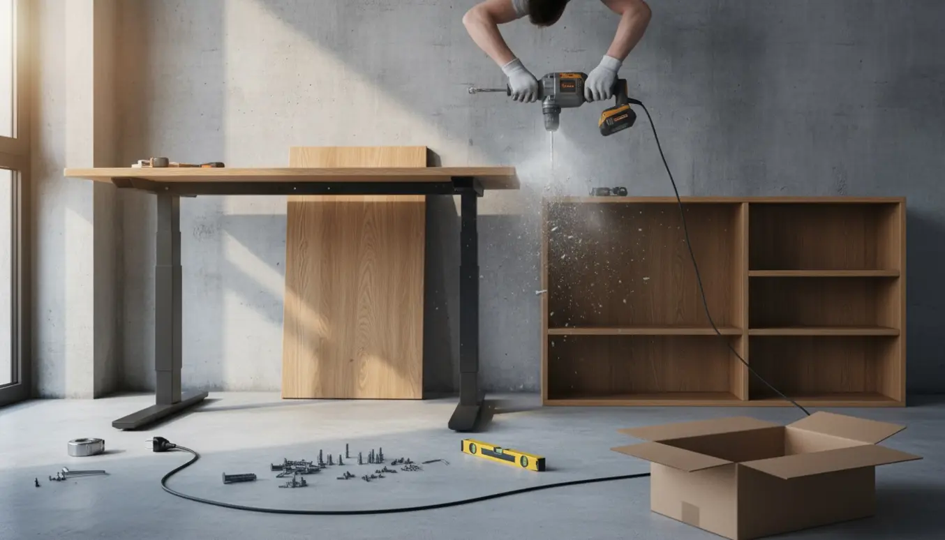 Hænder bruger en slagboremaskine i en betonvæg mens et delvist samlet hæve/sænke-bord og en bogkasse ligger klar.