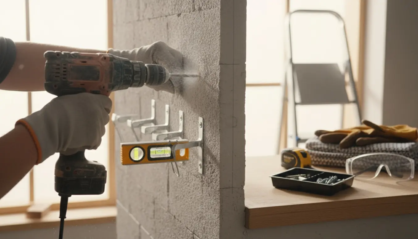 Hænder borer beslag til fire gardinstænger i en mur ved et vindue.