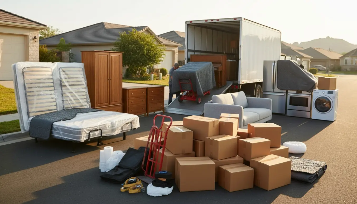 Åben flyttebil ved kantsten med stabler af flyttekasser, møbler og pakket klaver klar til indlæsning.