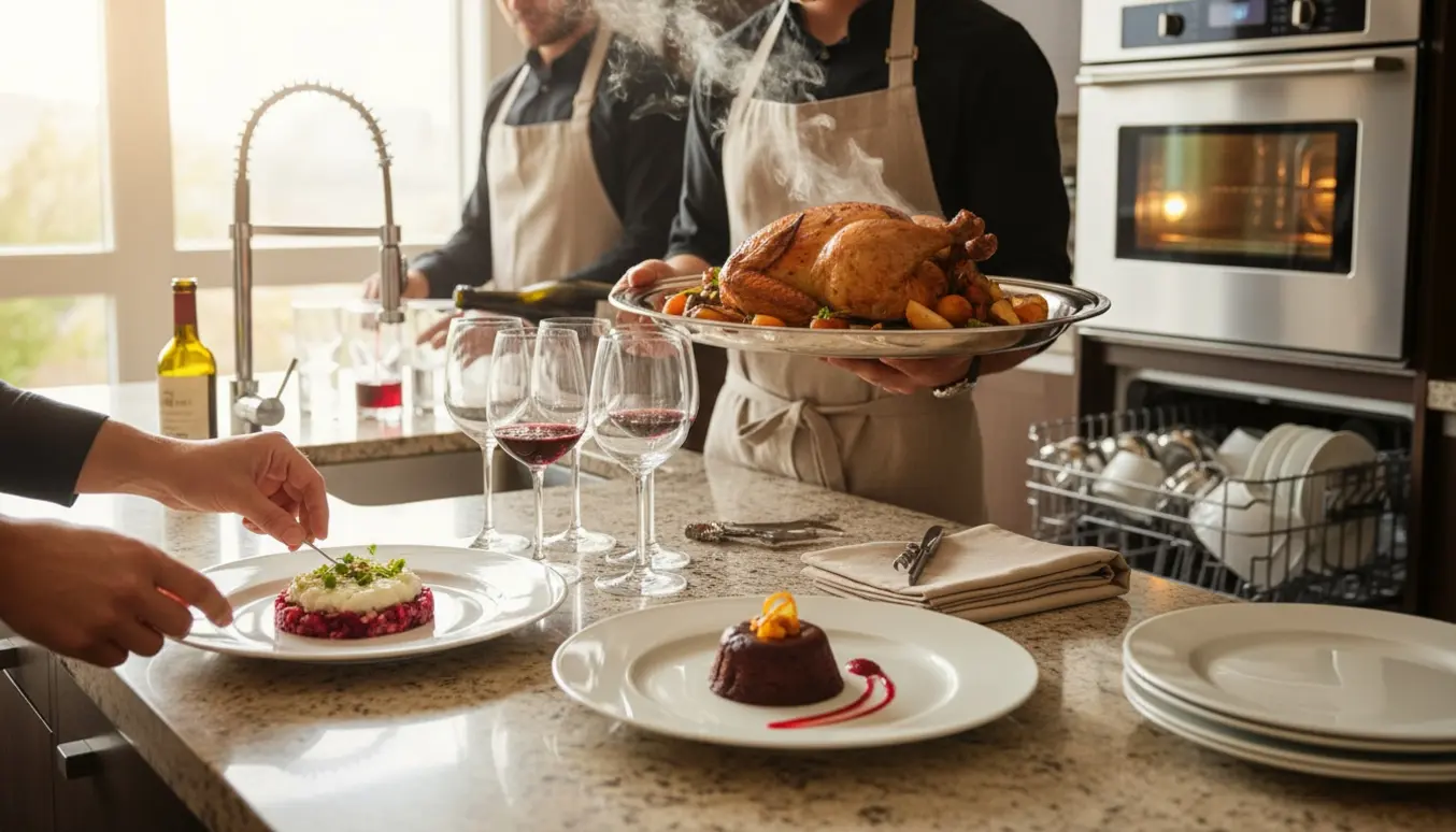 Tre serveringsassistenter i forklæder anretter tallerkener, serverer fadret og skænker vin i et rent køkken.