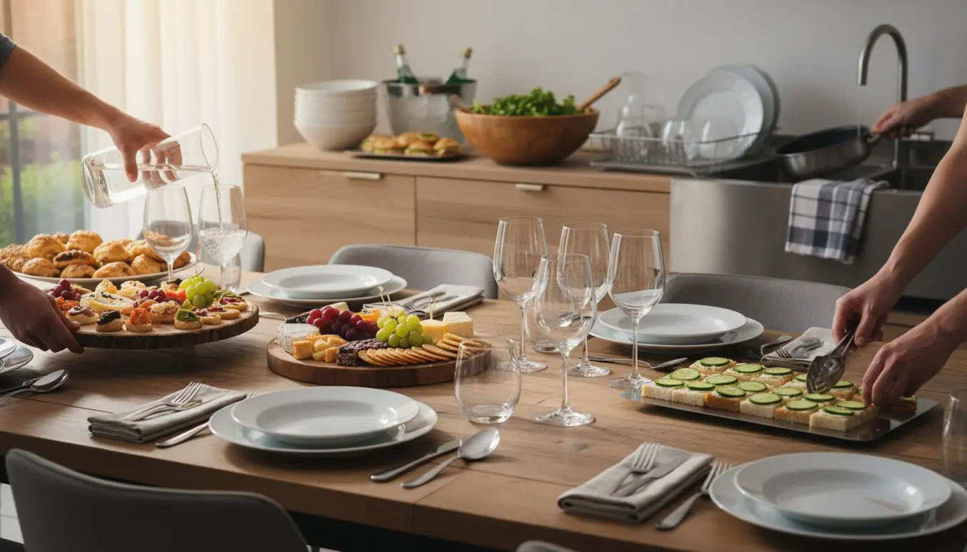 Hænder dækker et langbord med tallerkener, fade med snacks og drikkevarer i et solbelyst rum.