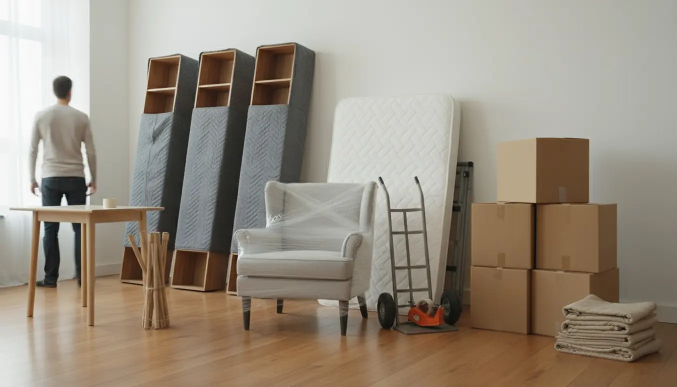 Lyst rum klar til flytning med indpakkede bogreoler, seng, lænestol, skrivebord og flyttekasser.