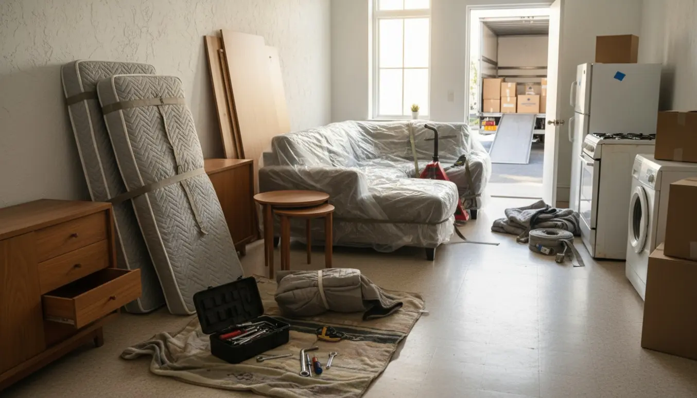 Møbler og hvidevarer samlet i en lejlighedsentré klar til flytning.