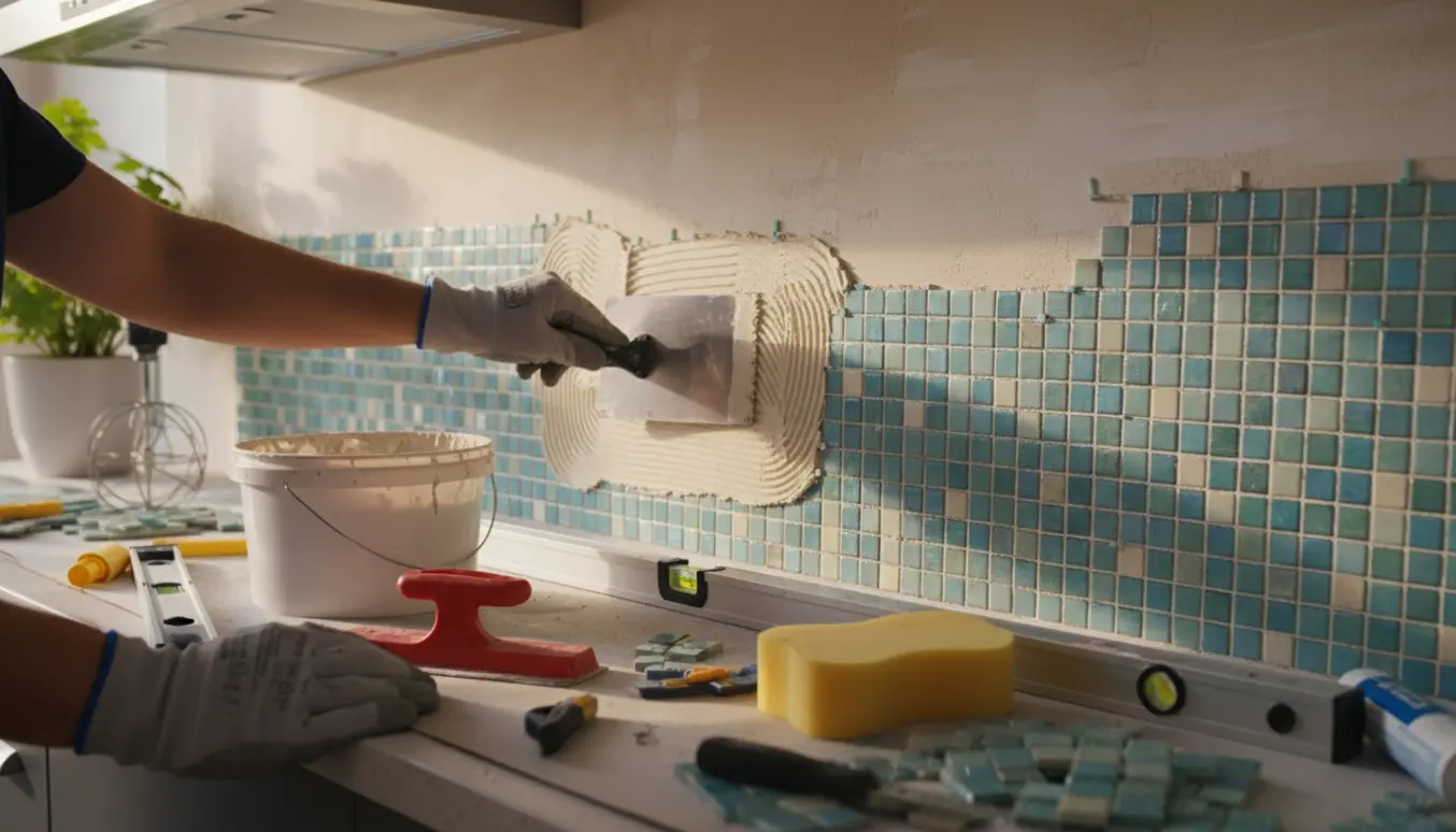 Nærbillede af opsætning af mesh-mosaik på et køkkenvæg med værktøj og hands-on arbejde, uden ansigter i billedet.