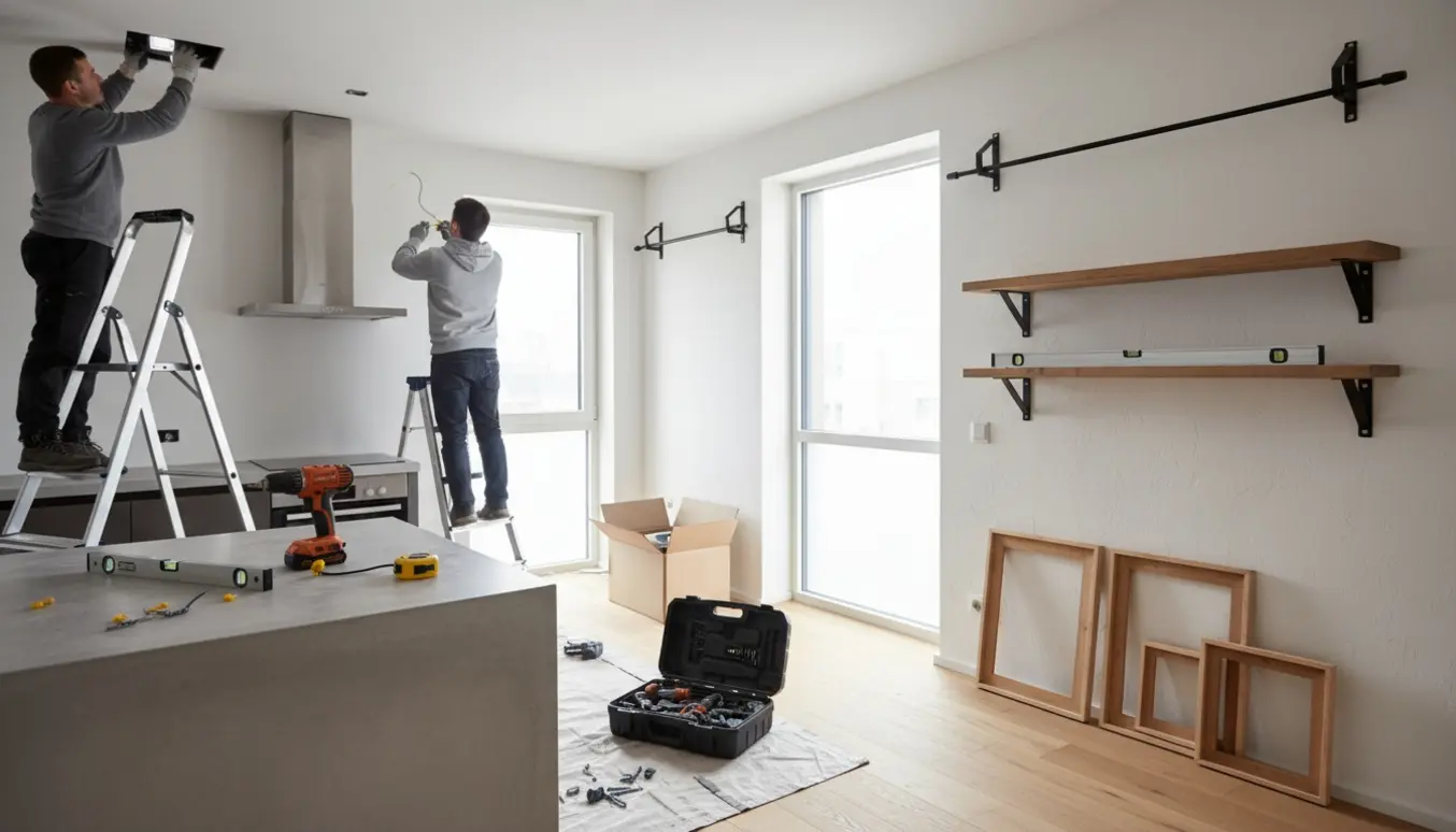 Håndværkere monterer loftspot, emhætte, hylder, gardinstænger og billedrammer i en åben lejlighed med værktøj omkring.