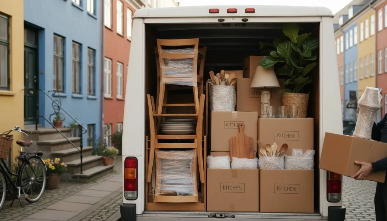 Flyttebil pakket med møbler, køkkenting og personlige ejendele foran københavnsk husfacade.