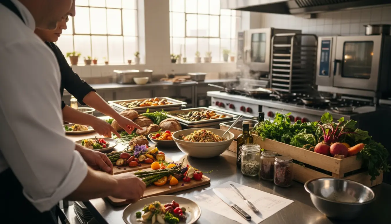 Kok forbereder en stor vegetarisk bryllupsbuffet i et lyst industrielt køkken med friske sæsongrøntsager.