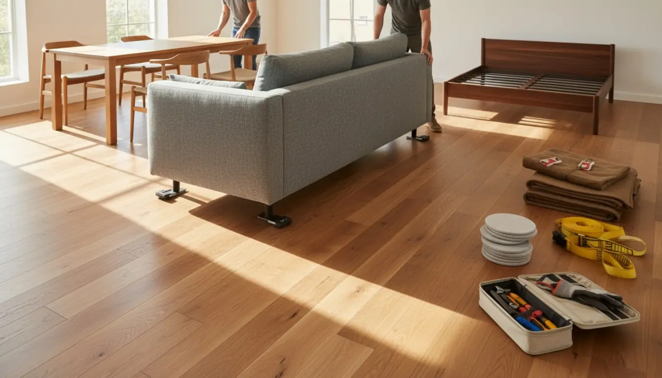 Personer placerer sofa, seng og spisebord på nyligt slebne trægulve, ansigter er ude af fokus.