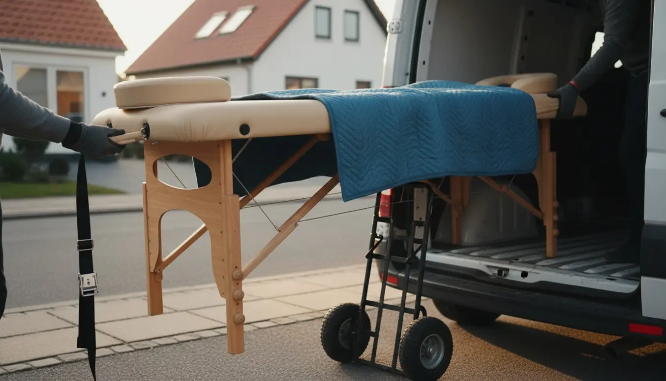 En ikke-foldbar massagebriks bliver forsigtigt læsset ind i en varevogn i det sene eftermiddagslys.