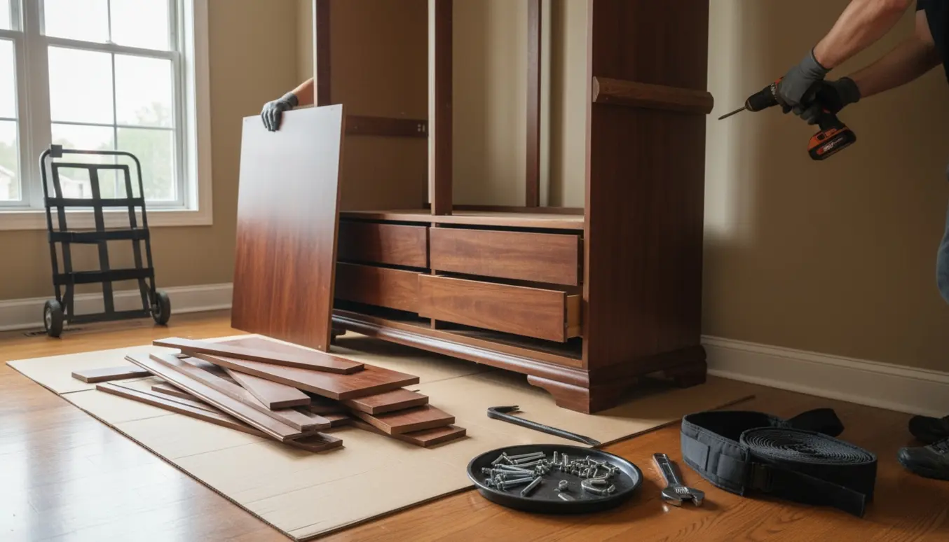 Hænder demonterer et tungt træklædeskab med værktøj og paneler lagt klart på gulvet.