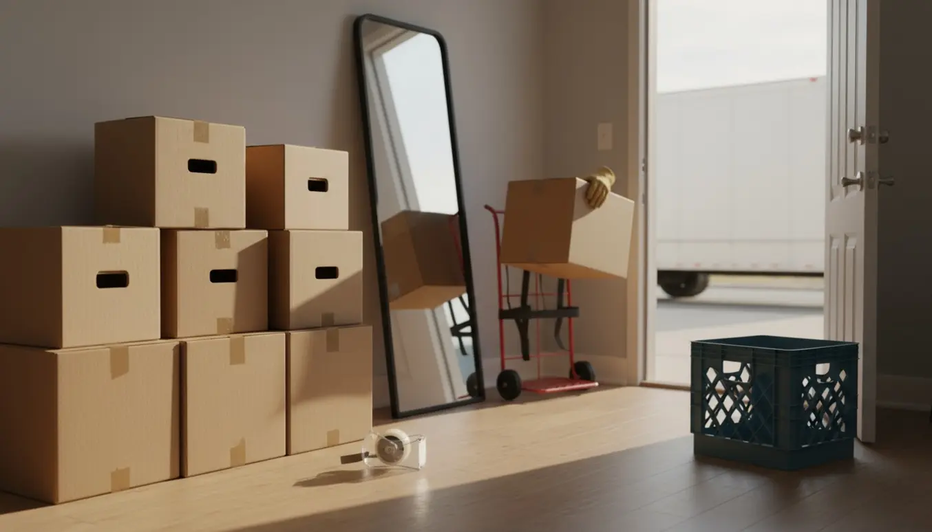 Omtrent tolv tomme flyttekasser stablet i en entré, mens en person fjerner en papkasse fra et stående spejl.