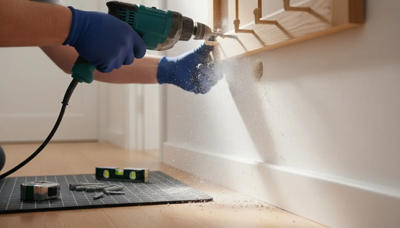 Nærbillede af hænder, der bruger en slagboremaskine til at bore huller i en væg til en knagerække med rawlplugs og værktøj ved siden af.