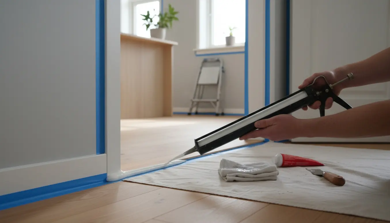 Hænder med fugepistol glatter en frisk fuge langs en fodliste i en lys, lille lejlighed.