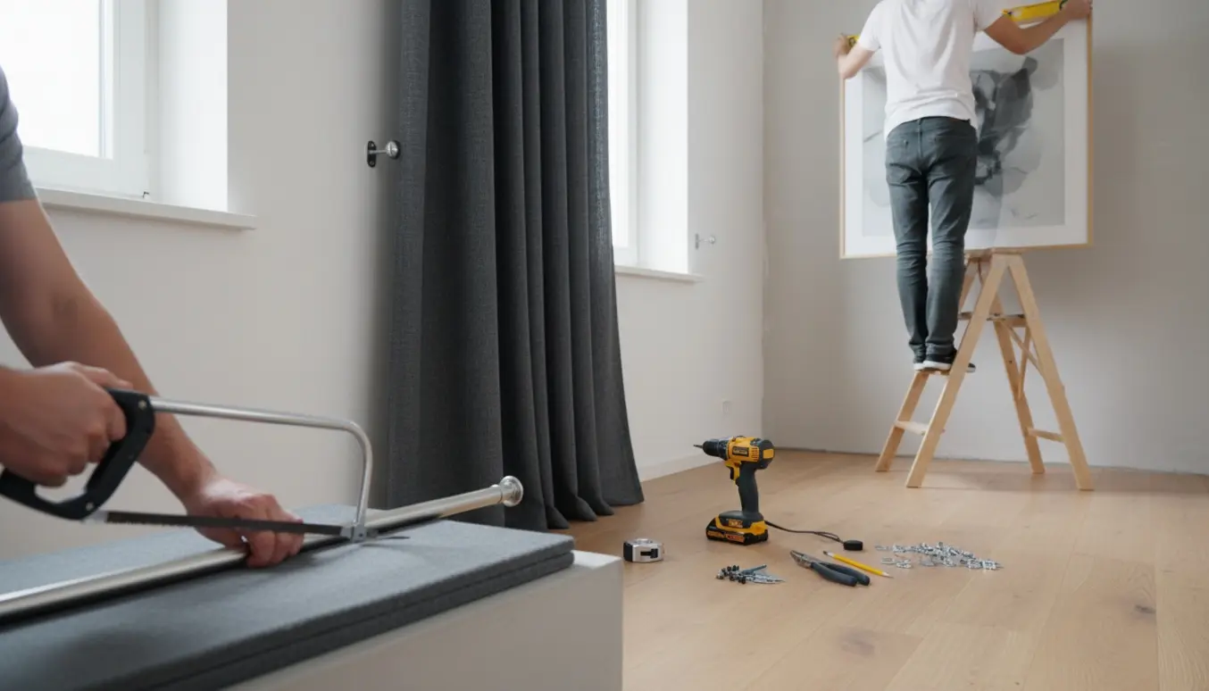 Hænder saver en metalgardinstang mens et mørklægningsgardin og et stort indrammet billede monteres i en lys stue.