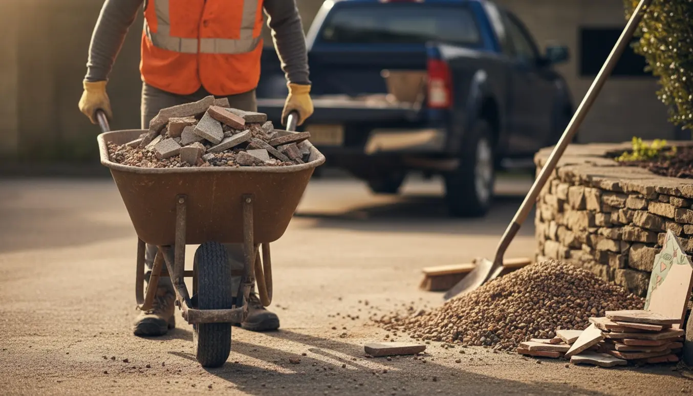 Trillebør fyldt med fliserester og en lille bunke grus ved en indkørsel klar til afhentning.
