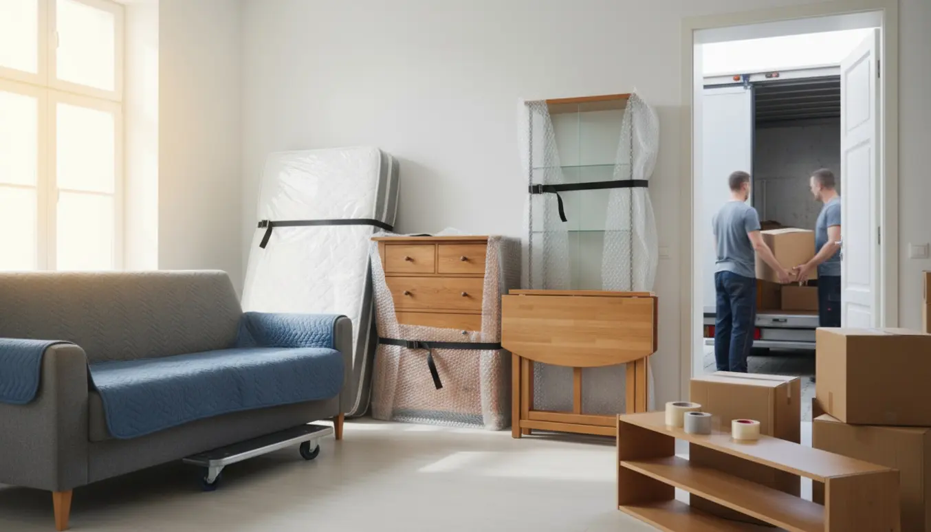 Indpakkede møbler — sofa, dobbeltseng, kommode, spisebord, vitrine og reol — læsses ind i en flyttevogn i en solbeskinnet entré.