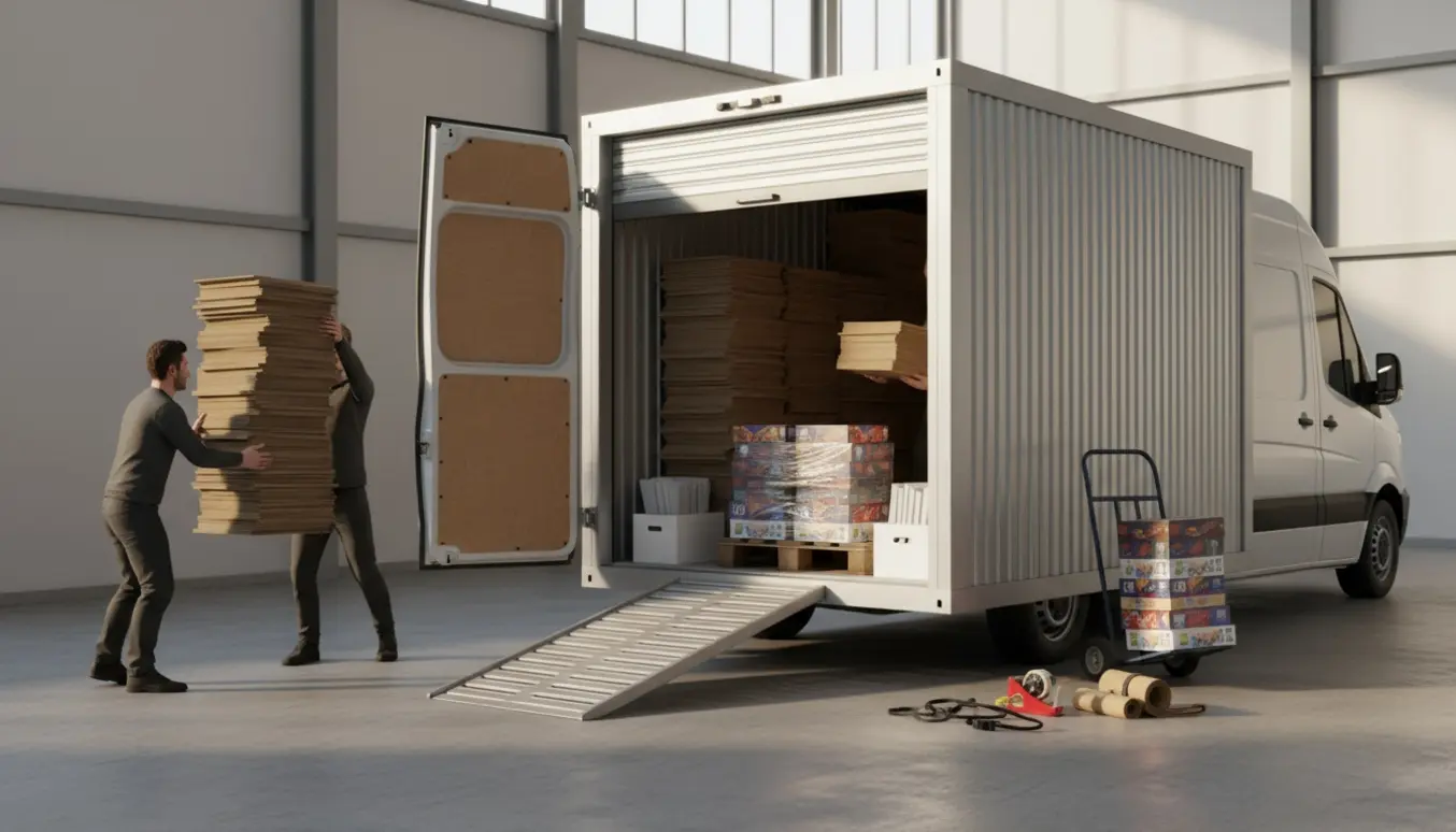 Åben varevogn og små 10 m² lagerrum med stabler af flade emballagekasser og samlede spilleæsker, hvor flytteudstyr og hænder læsser ind.