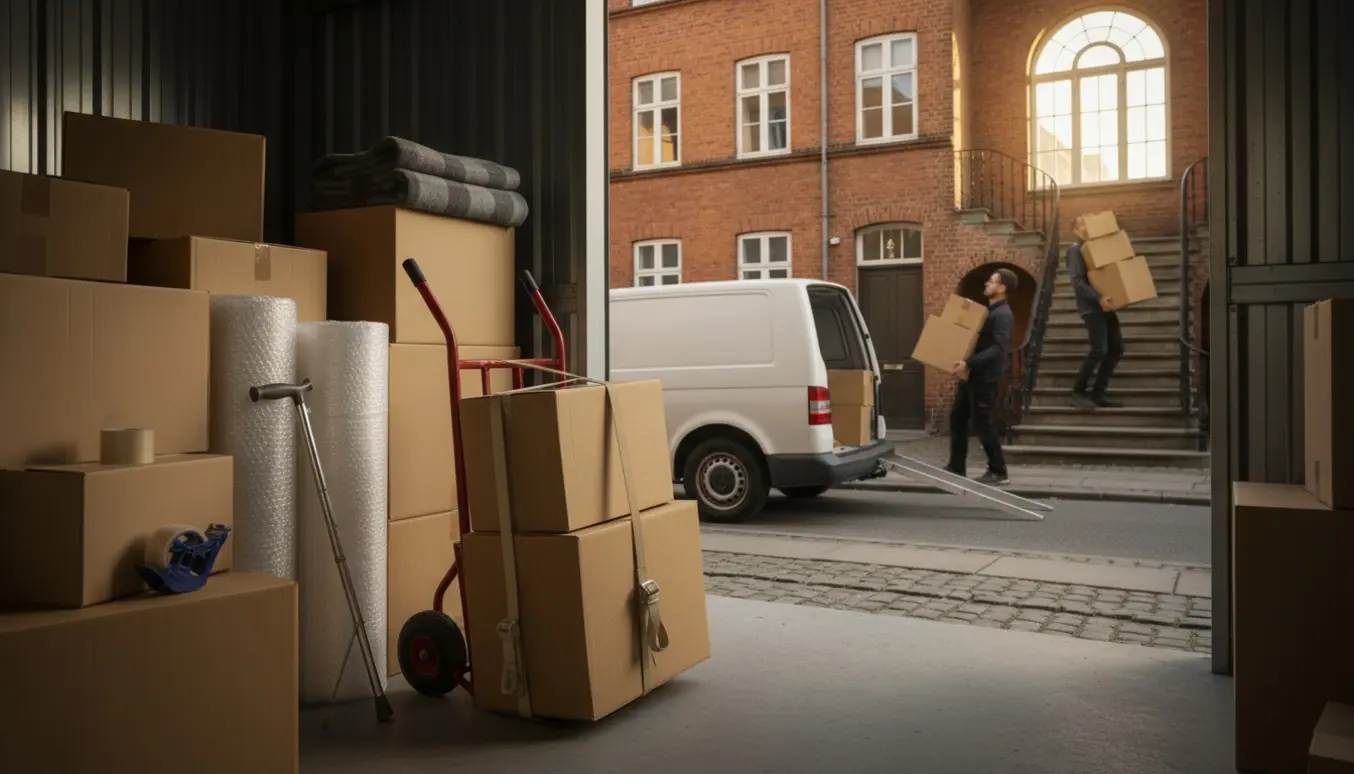 Flyttefolk bærer kasser op ad en trappe fra et lille depot mod tredje sal ved en åben flyttebil.