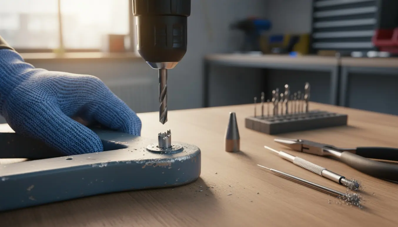 Nærbillede af en knækket popnitte i en metalarm klar til udboring på et værksted.