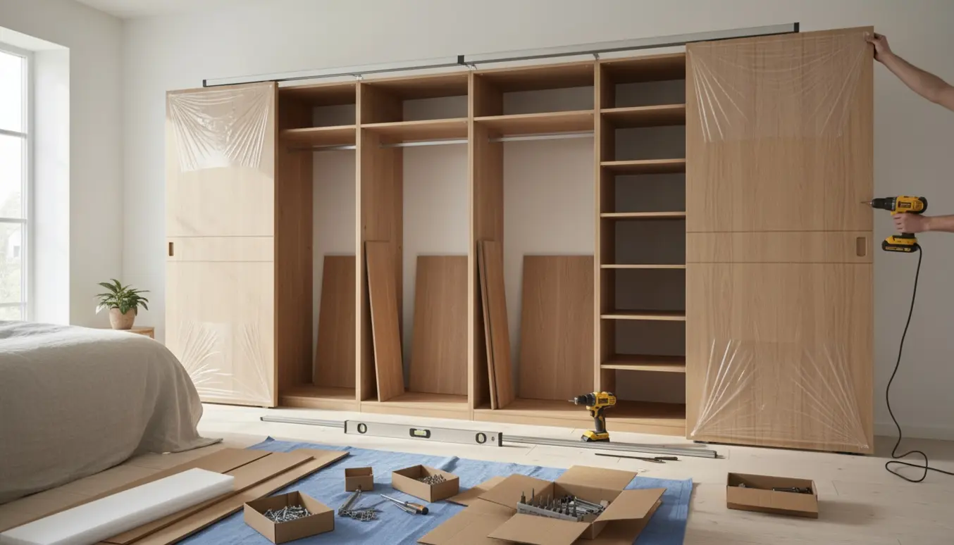 Nærbillede af samling af et stort skab med skydedøre i et lyst værelse, hvor hænder monterer skinner med en boremaskine.