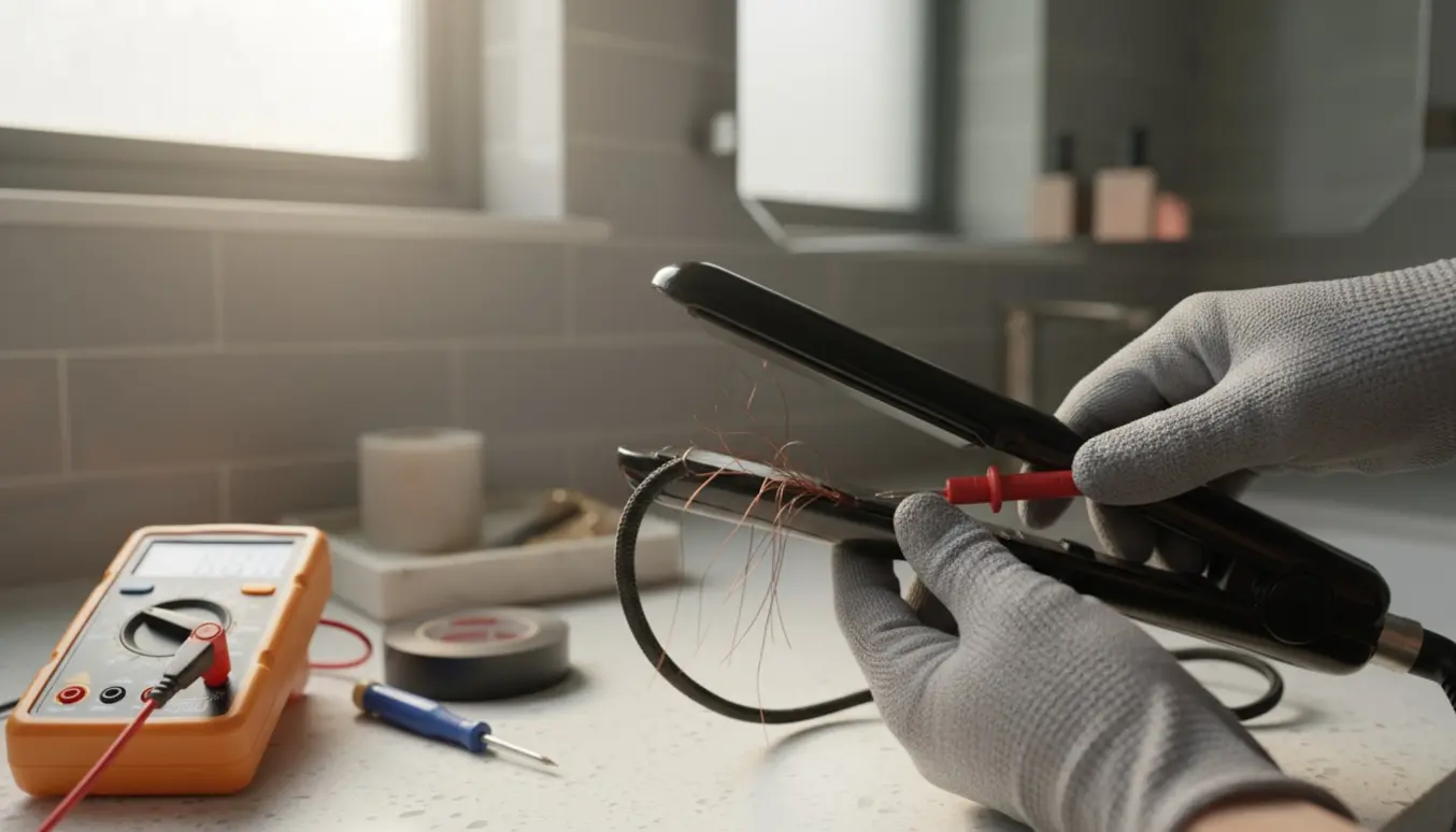 Nærbillede af glattejern med løs ledningsforbindelse ved grebet, en hånd tester forbindelsen med et multimeter.
