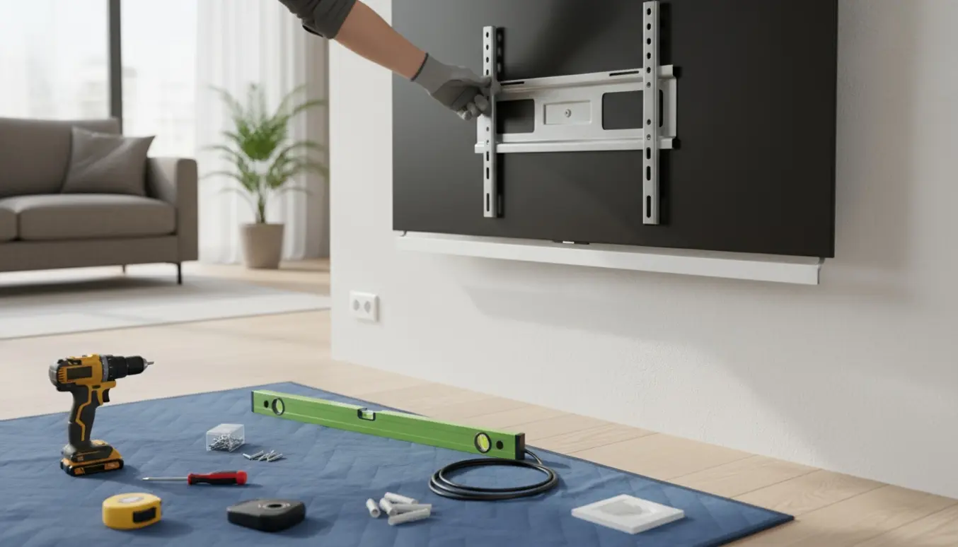 TV monteres på en gipsvæg med beslag og værktøj i en lys stue.