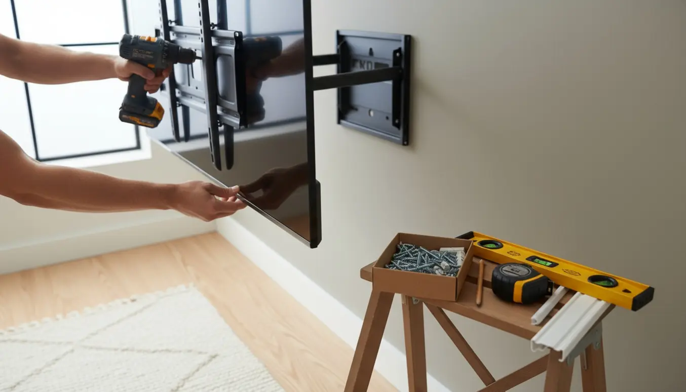 En fladskærm hænges op på en væg med beslag og værktøj synligt.