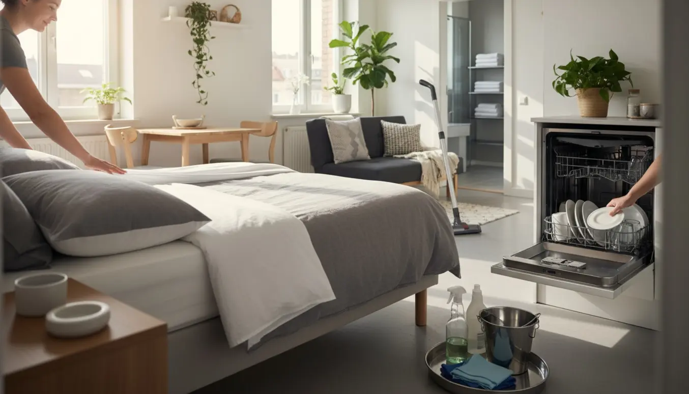 Soloplyst lejlighed med frisk redt seng, hænder der skifter sengetøj, åben opvaskemaskine og rengøringsmidler.