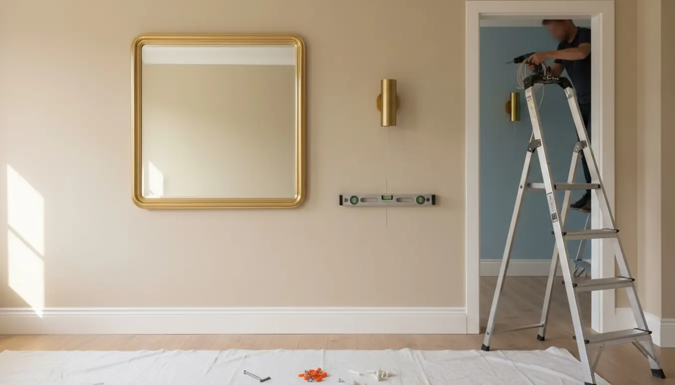 Hænder monterer en væglampe ved siden af et nyligt hængt spejl i en stue, med værktøj og en stepladder i nærheden.