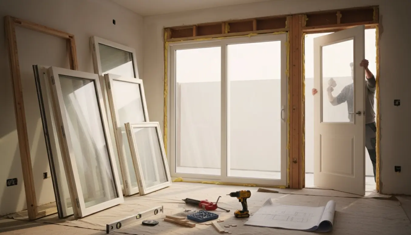 Håndværkere monterer forskellige døre og vinduer i et hus med værktøj og materialer i forgrunden.