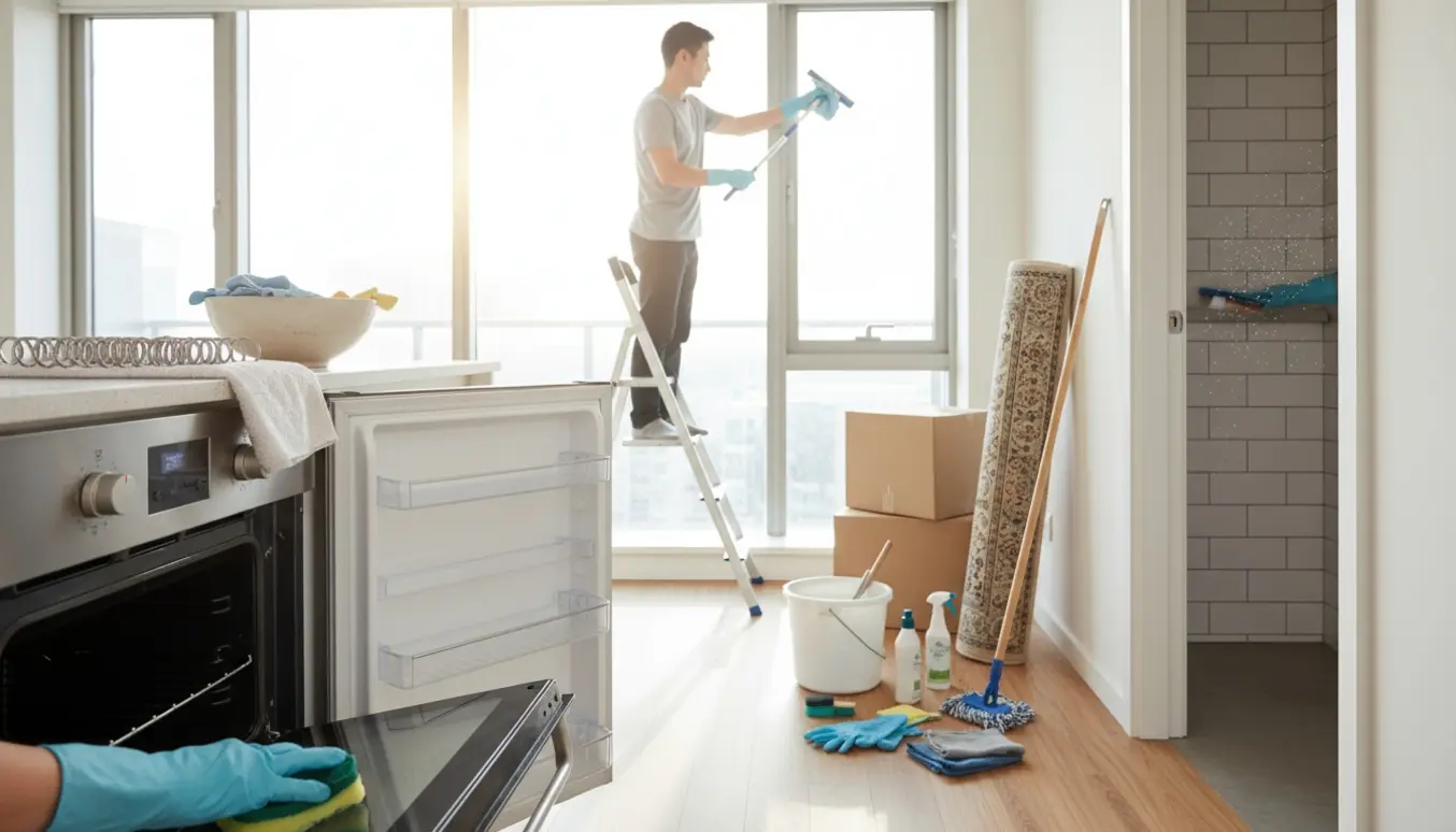 Lyst lejlighedskøkken under flytterengøring med hands-on rengøring af ovn, køleskab og vinduer.