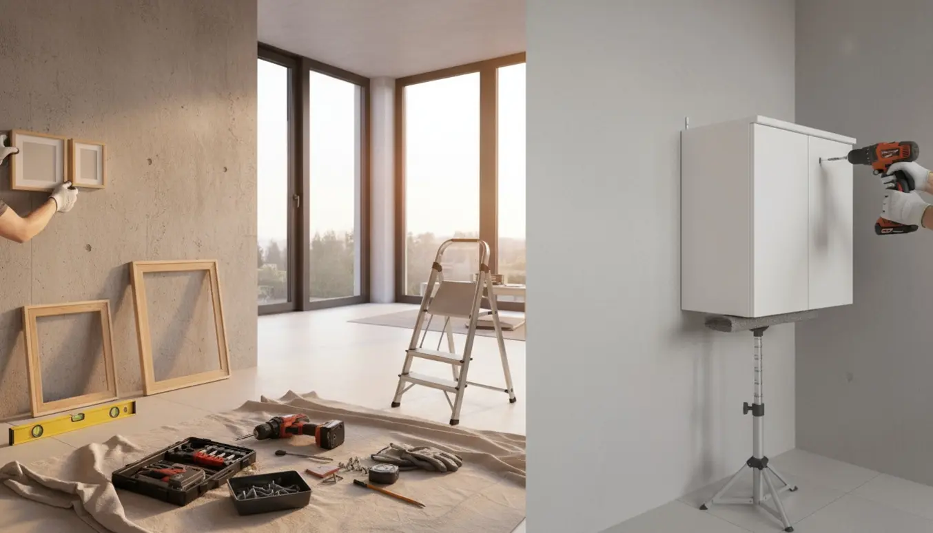 Hænder monterer billeder og et lille badeværelsesskab på betonvæg med værktøj og rawlugs i forgrunden.