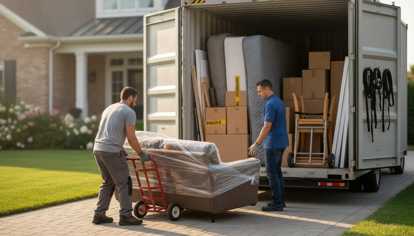 To personer læsser møbler og flyttekasser ind i en åben container på indkørslen, ansigter ikke synlige.