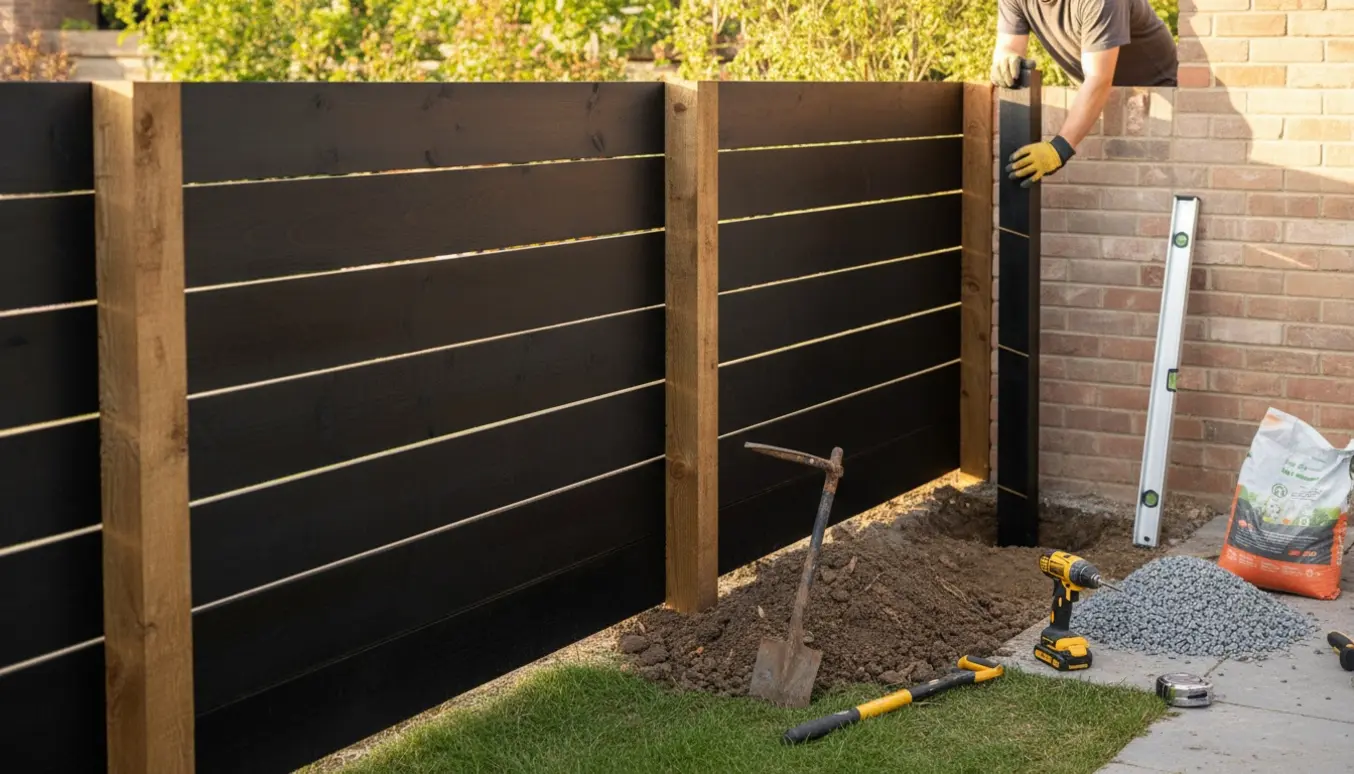 Sortmalet plankeværk i vandrette brædder ved et murhjørne, hvor en ny stolpe graves ned og værktøj ligger klar.