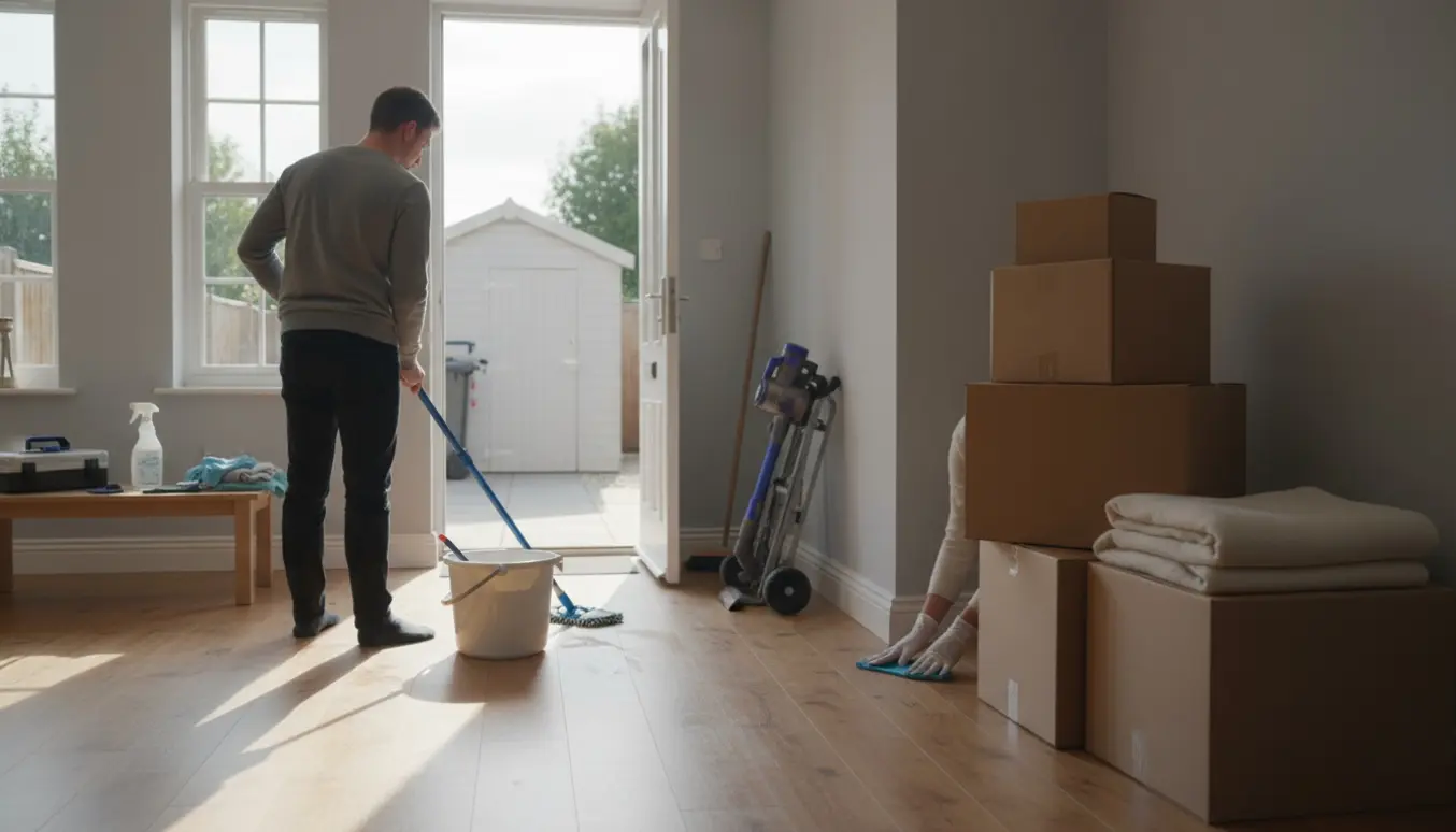Rydning efter flytning i et rækkehus med en person, der moppe gulvet, stabler af flyttekasser og carport i baggrunden.