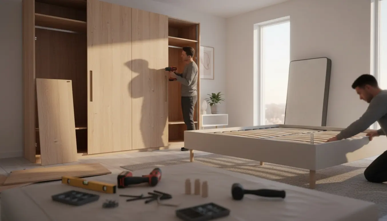 Hænder samler et bredt garderobeskab og monterer sengerammen i et lyst soveværelse med værktøj på gulvet.