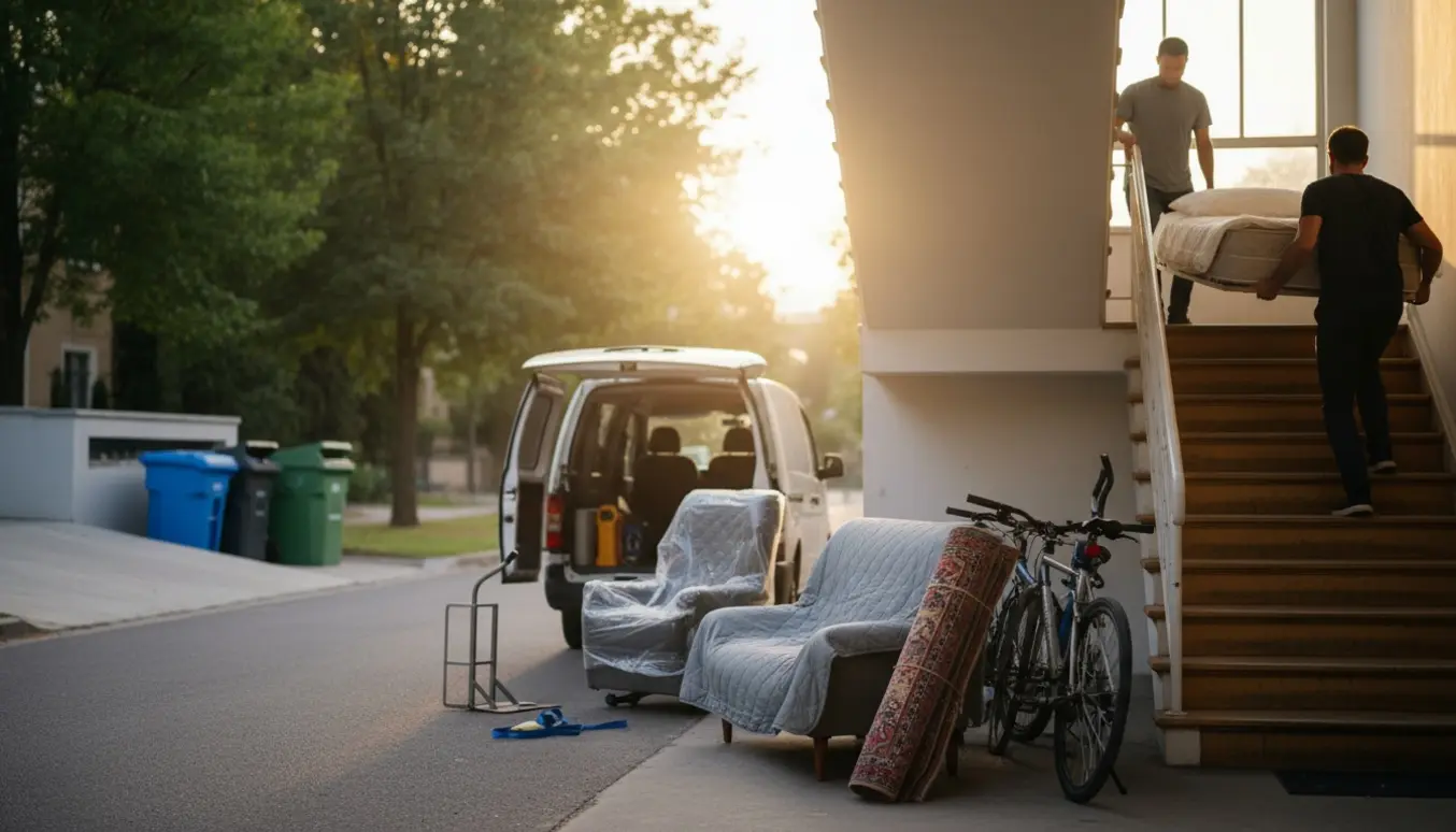 Seng bæres ned ad trappe mens møbler, tæppe og to cykler læsses i en åben varebil ved en genbrugsplads.