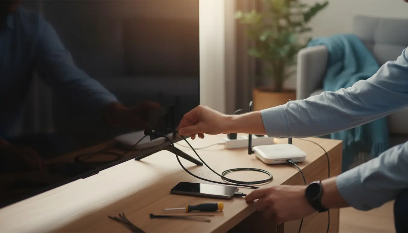 Hænder tilslutter HDMI-kabel til fladskærms-tv mens en smartphone lades ved siden af.