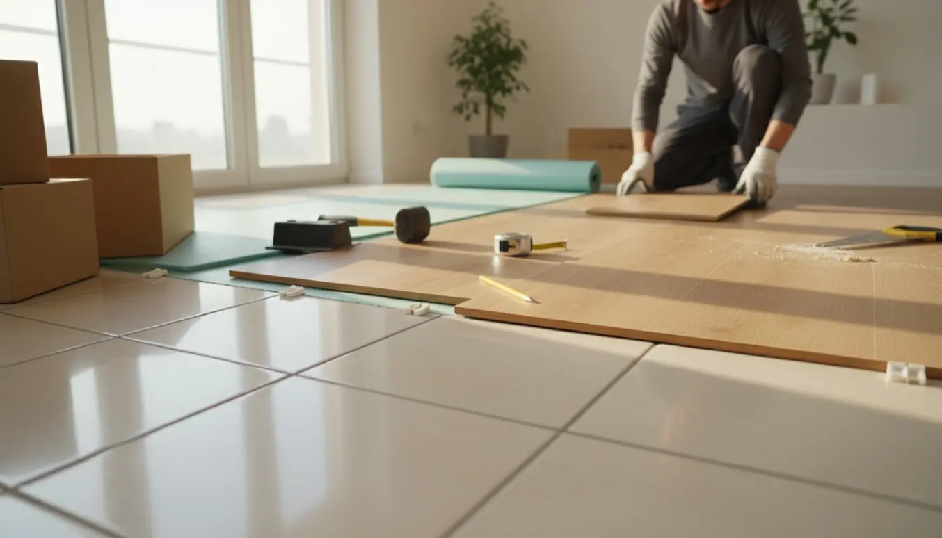 Laminat klikgulv monteres direkte oven på eksisterende fliser i en lys lejlighed, håndværker arbejder med plankerne og værktøj.