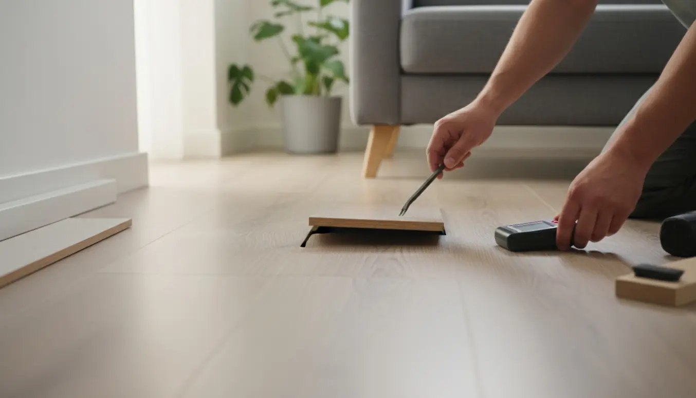 Nærbillede af kliktrægulv i stue med to synlige buler, hvor en person inspicerer planken med værktøj.